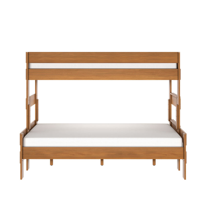 Modern solid wood two-tier bunk bed in natural oak finish with white mattresses, space-saving bedroom furniture, front view on white background