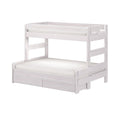 Whitewashed wooden bunk bed with top guardrail, ladder-style side rails and built-in under-bed storage drawers for kids' bedrooms