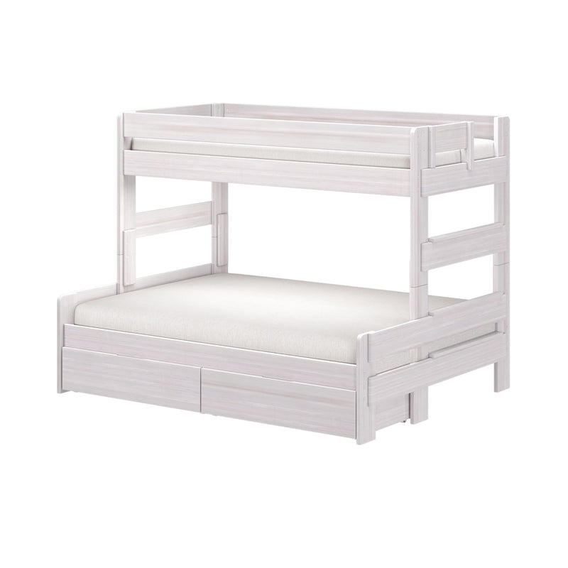 Whitewashed wooden bunk bed with top guardrail, ladder-style side rails and built-in under-bed storage drawers for kids' bedrooms