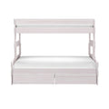 Whitewashed wooden loft bunk bed with built-in under-bed storage drawers and white mattress — modern space-saving kids' twin bed