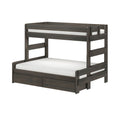 Modern twin-over-full bunk bed in dark gray wood finish with safety guardrails, integrated ladder and two under-bed storage drawers, shown with white mattresses