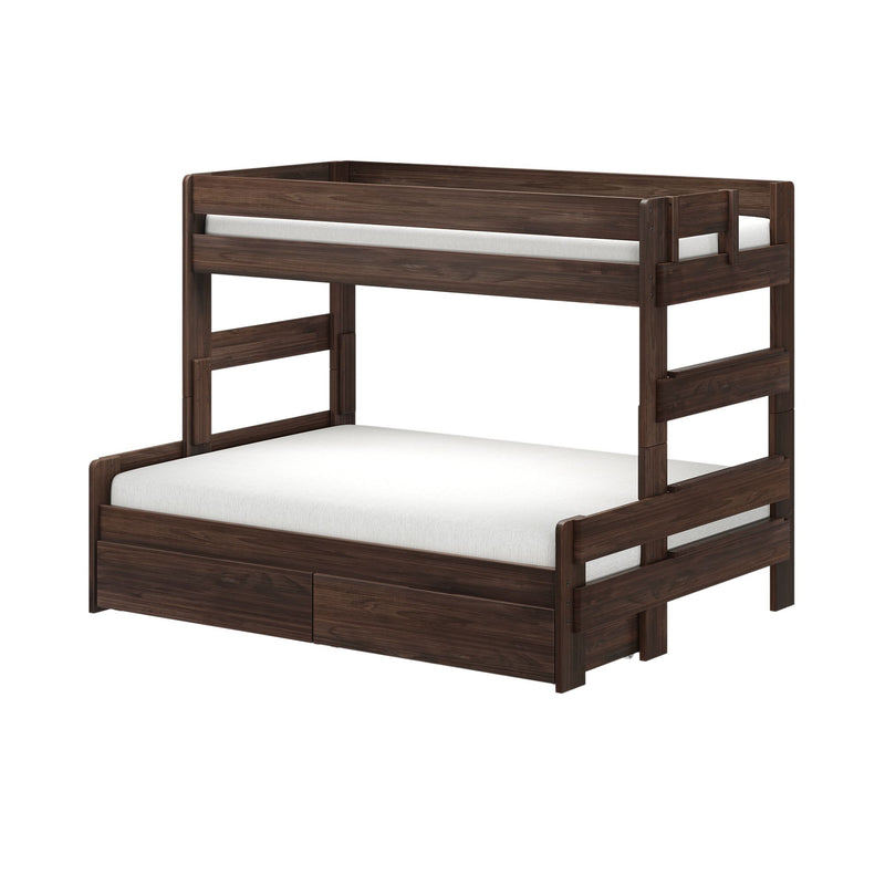 Dark walnut solid wood bunk bed, twin-over-full mattress layout with built-in guardrails, ladder and under-bed storage drawers — modern kids' loft bed