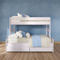 White wooden bunk bed with blue and white pillows and light blue throw against a textured blue wall on hardwood floor, kids bedroom decor