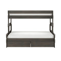 Modern dark gray wooden loft bed frame with built-in under-bed storage drawers and white mattress
