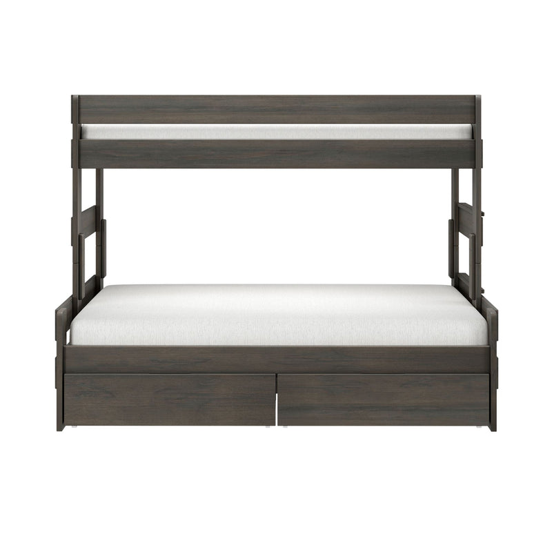 Modern dark gray wooden loft bed frame with built-in under-bed storage drawers and white mattress