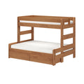 Solid wood loft bunk bed with safety guardrails and built-in under-bed storage drawers in natural oak finish