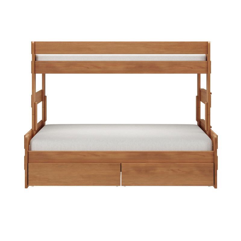 Wood loft bed with built-in storage drawers, natural wood finish frame and white mattress, minimalist bedroom furniture