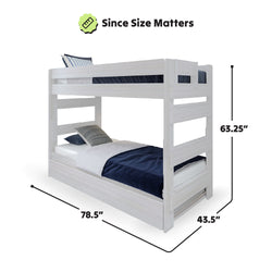 Wooden bunk bed with dimensions 78.5 inches long, 43.5 inches wide, and 63.25 inches high, featuring white frame and blue bedding.
