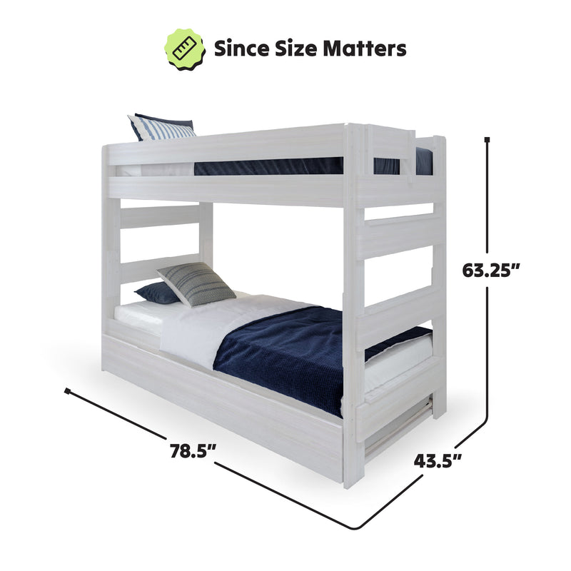Wooden bunk bed with dimensions 78.5 inches long, 43.5 inches wide, and 63.25 inches high, featuring white frame and blue bedding.
