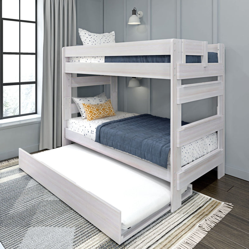 White wooden bunk bed with trundle in stylish modern bedroom.