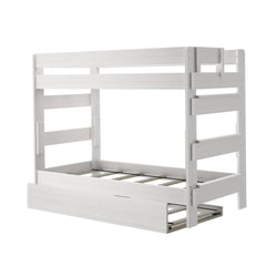White wooden bunk bed with attached ladder and pull-out storage drawer.
