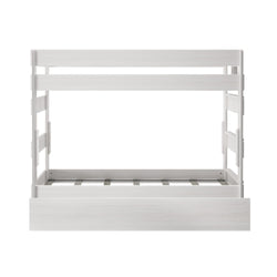 White modern kids bunk bed with minimalist design and sturdy frame.