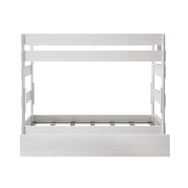 White modern kids bunk bed with minimalist design and sturdy frame.
