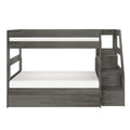 Gray wooden twin-over-full bunk bed with integrated staircase storage, safety rails and full-size lower bed, modern farmhouse finish