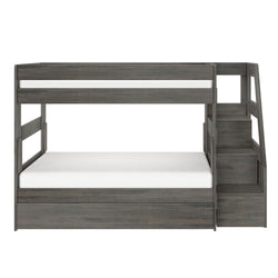 Gray wood twin-over-full bunk bed with built-in staircase storage and white mattresses on white background