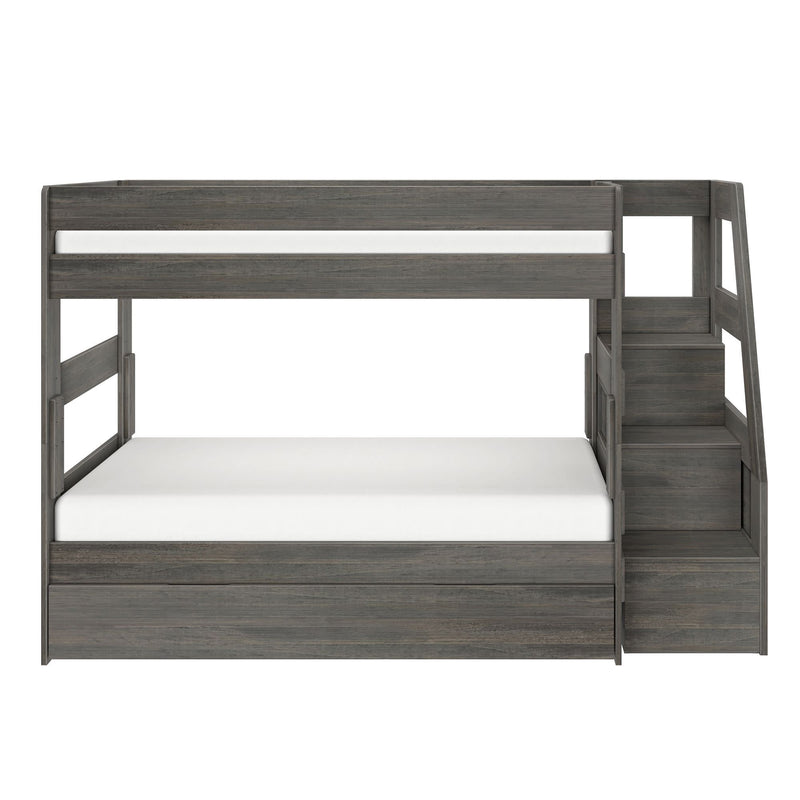 Gray wood twin-over-full bunk bed with built-in staircase storage and white mattresses on white background
