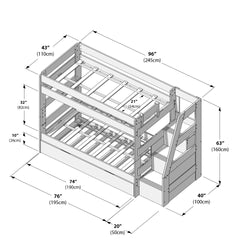 Twin-over-full wooden bunk bed assembly diagram with dimensions in inches and centimeters, showing ladder, guardrails, slatted mattress supports and frame measurements for assembly and room planning