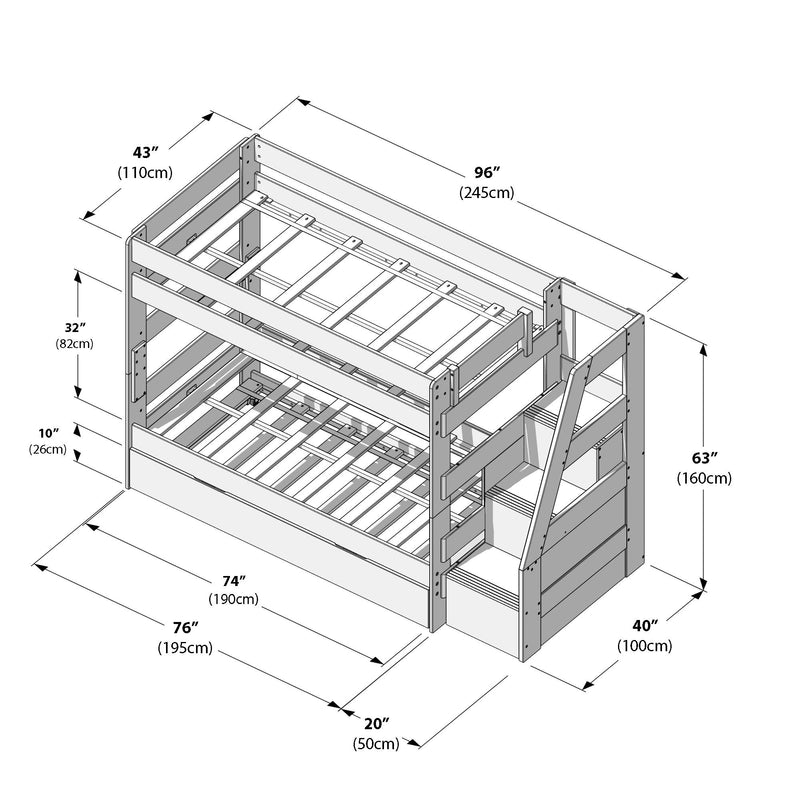 Twin-over-full wooden bunk bed technical diagram with staircase, storage drawers, slatted frame and annotated dimensions (in/cm)