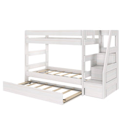 Whitewashed wooden loft bunk bed with built-in staircase, storage drawers and pull-out trundle for kids' room