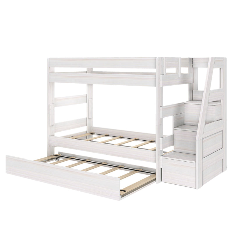 Whitewashed wooden loft bunk bed with built-in staircase, storage drawers and pull-out trundle for kids' room