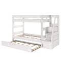 Whitewashed wooden loft bunk bed with built-in staircase, storage drawers and pull-out trundle for kids' room