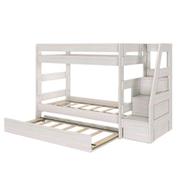 White wooden bunk bed with pull-out trundle, built-in staircase storage and guardrails — space-saving kids bedroom furniture