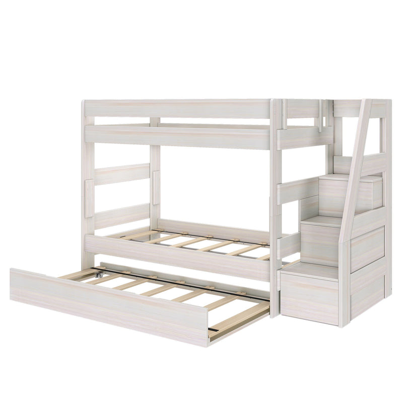White wooden bunk bed with pull-out trundle, built-in staircase storage and guardrails — space-saving kids bedroom furniture