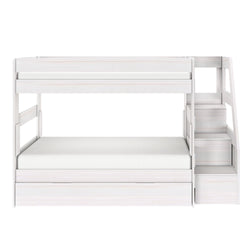 White wooden loft bunk bed with staircase and built-in storage drawers, space-saving modern kids' bedroom furniture