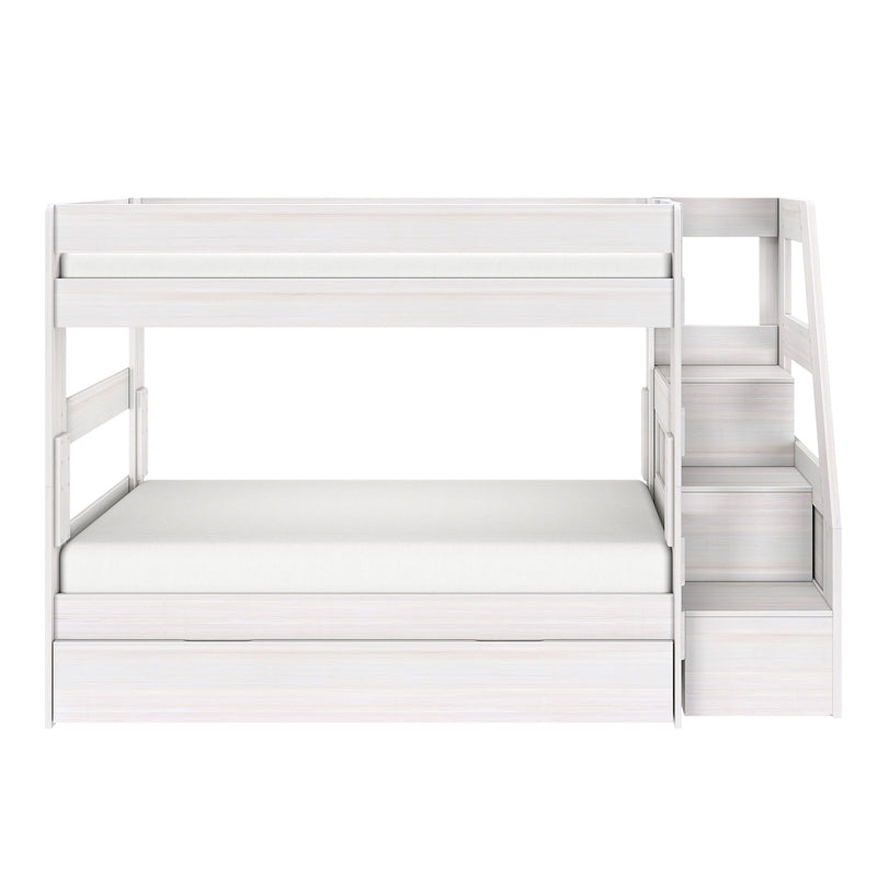 White wooden loft bunk bed with staircase and built-in storage drawers, space-saving modern kids' bedroom furniture