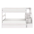 White wooden loft bunk bed with staircase and built-in storage drawers, space-saving modern kids' bedroom furniture