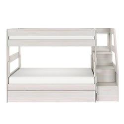 White wooden twin-over-full bunk bed with storage staircase and pull-out trundle drawer, modern kids loft bed