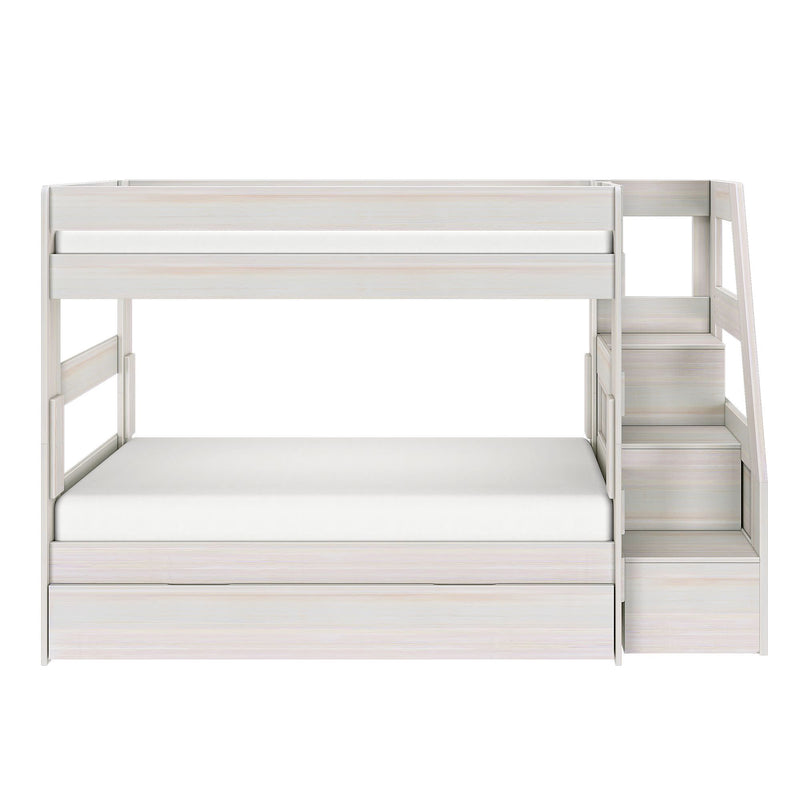 White wooden twin-over-full bunk bed with storage staircase and pull-out trundle drawer, modern kids loft bed