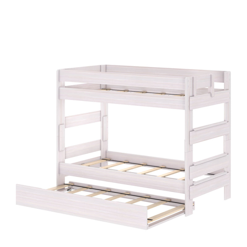 White wooden twin-over-twin bunk bed with pull-out trundle, built-in ladder and guardrails, slatted mattress support, space-saving kids' bedroom furniture
