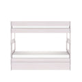 White wooden twin-over-twin bunk bed with guardrails and under-bed storage drawer, modern space-saving kids' bedroom furniture
