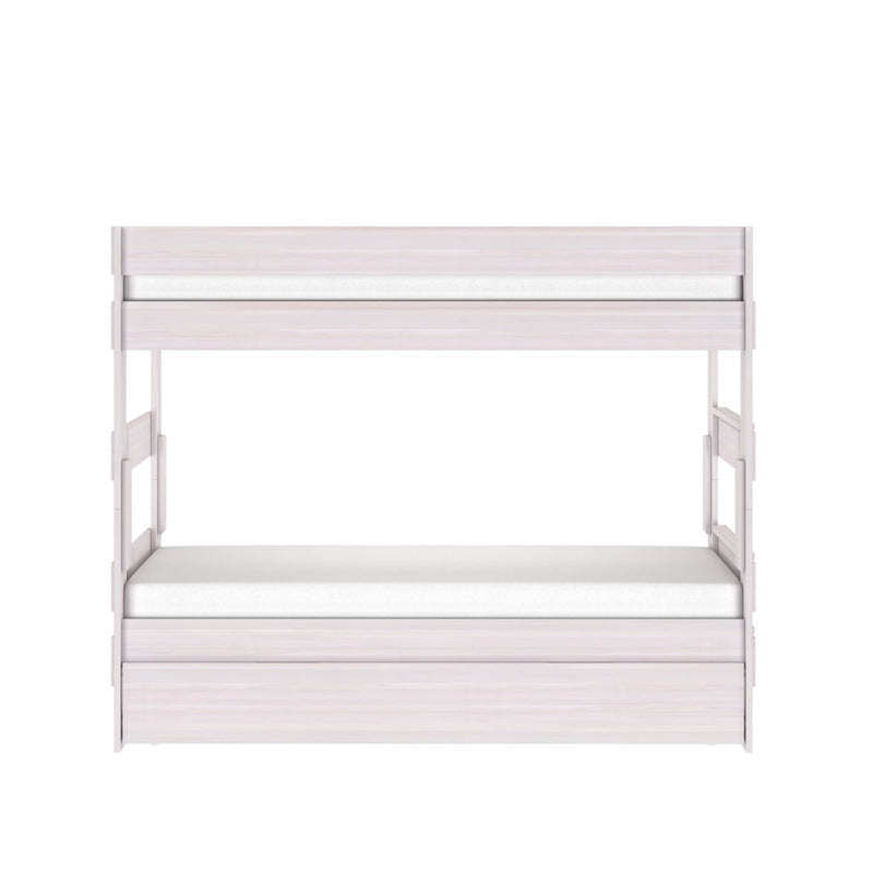 White wooden twin-over-twin bunk bed with guardrails and under-bed storage drawer, modern space-saving kids' bedroom furniture