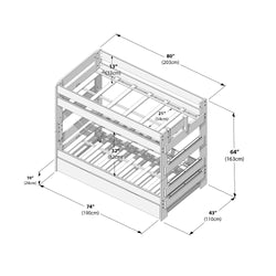 Twin-over-full wooden bunk bed dimensions diagram with slatted mattress supports, guardrails and ladder-style side rails — overall 80" x 43" x 64" (203 x 110 x 163 cm); base length 74" (190 cm); lower bed internal height 32" (82 cm); top rail clearance 21" (54 cm); side rail spacing 13" (33 cm).