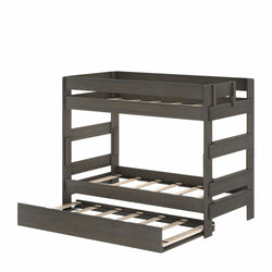 Dark brown solid wood twin-over-twin bunk bed with pull-out trundle, slatted mattress support, integrated ladder and guardrails, space-saving kids bedroom furniture