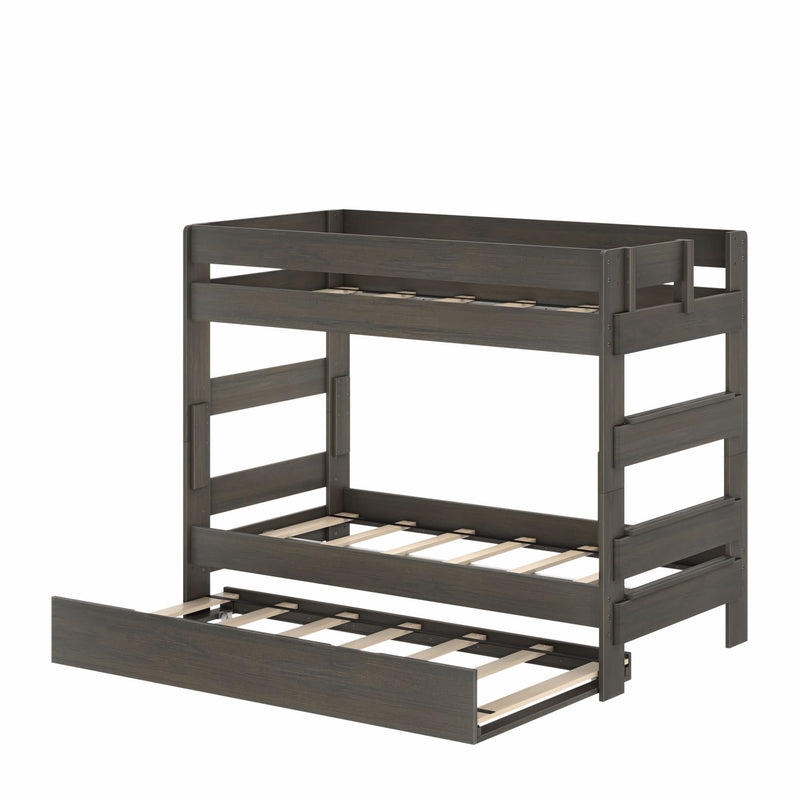 Dark brown solid wood twin-over-twin bunk bed with pull-out trundle, slatted mattress support, integrated ladder and guardrails, space-saving kids bedroom furniture