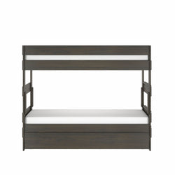 Modern twin-over-twin bunk bed in dark walnut wood finish with guardrails and ladder — minimalist kids' bedroom furniture product photo