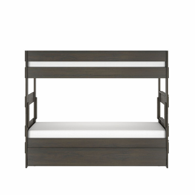 Modern twin-over-twin bunk bed in dark walnut wood finish with guardrails and ladder — minimalist kids' bedroom furniture product photo