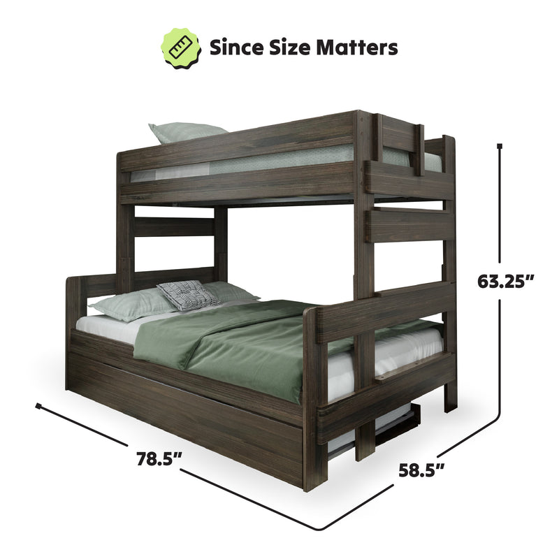 Bunk bed dimensions with green bedding, highlighting 78.5-inch length, 58.5-inch width, and 63.25-inch height.