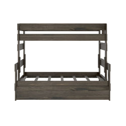 Wooden bunk bed frame with a rustic finish, ideal for space-saving in kids' bedrooms.