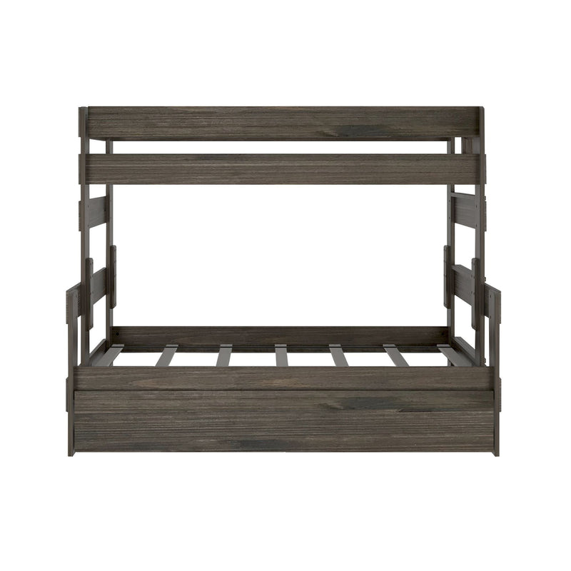 Wooden bunk bed frame with a rustic finish, ideal for space-saving in kids' bedrooms.