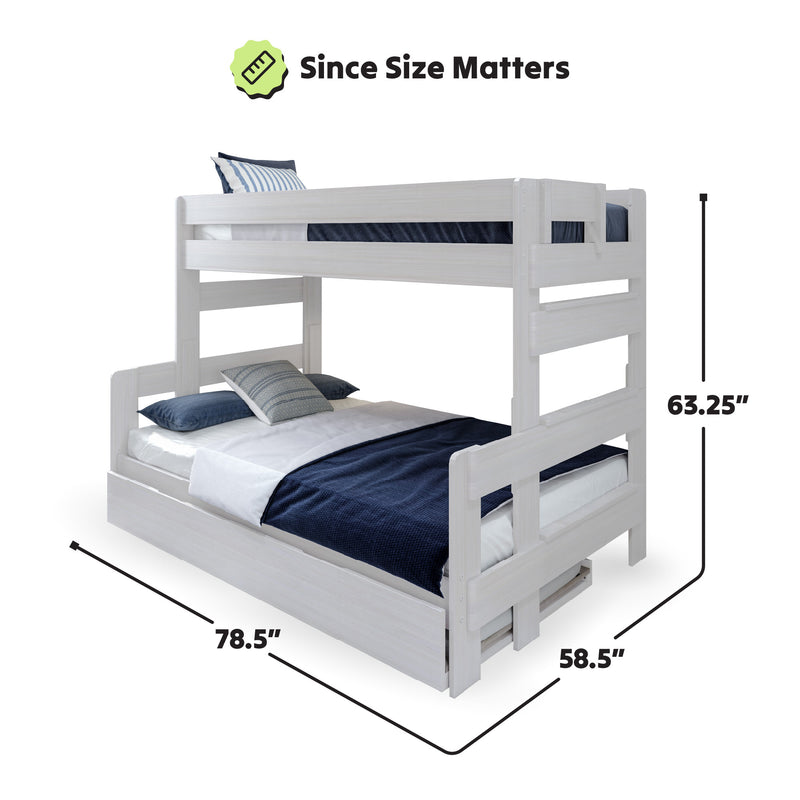 White wooden bunk bed with measurements: 63.25 inches high, 78.5 inches long, and 58.5 inches wide, featuring a modern design and blue bedding.