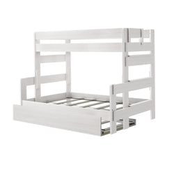 White wooden bunk bed frame with pull-out trundle drawer for extra storage.
