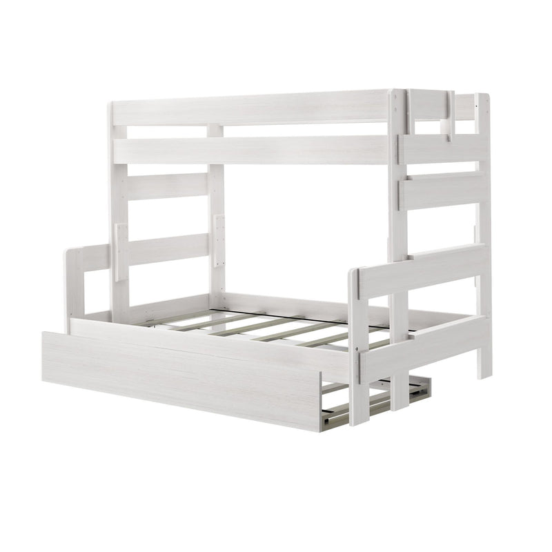 White wooden bunk bed frame with pull-out trundle drawer for extra storage.