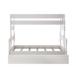 White wooden bunk bed frame with modern design and safety rails.