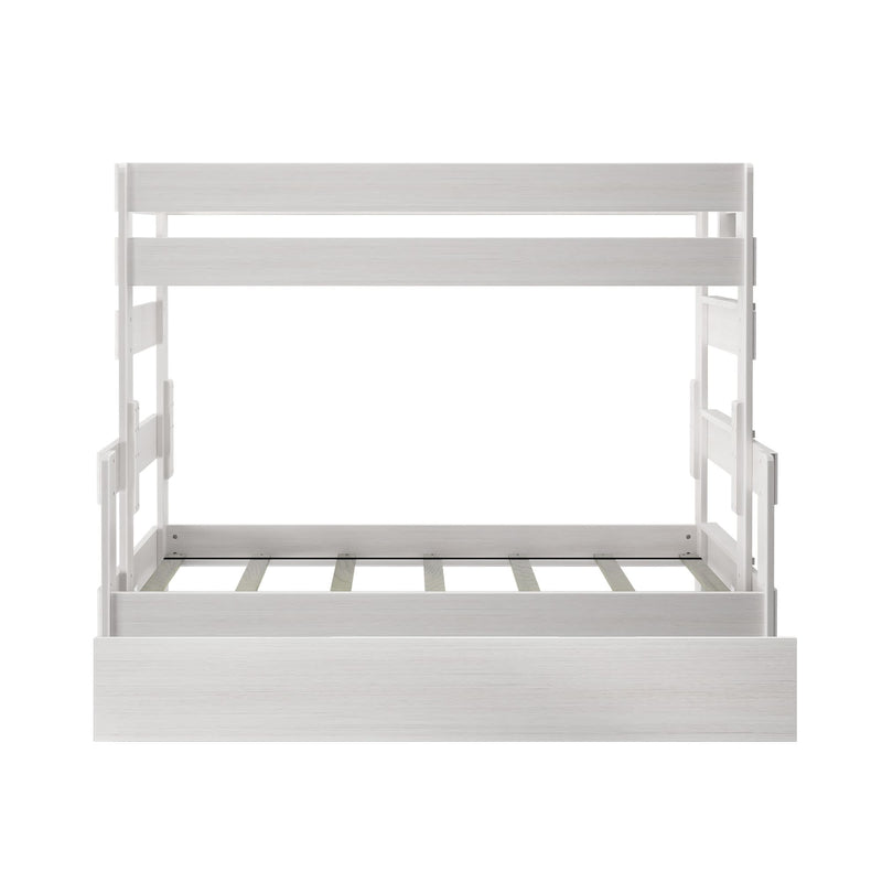 White wooden bunk bed frame with modern design and safety rails.