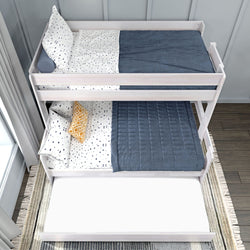 Wooden triple bunk bed with blue and white bedding, featuring a pull-out trundle bed, ideal for maximizing space in small bedrooms.
