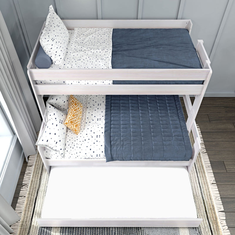 Wooden triple bunk bed with blue and white bedding, featuring a pull-out trundle bed, ideal for maximizing space in small bedrooms.